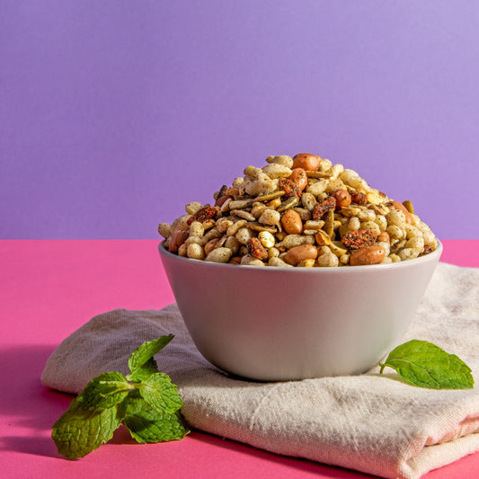 Mint bhel in a rustic bowl, providing a refreshing and healthy snack option with a burst of flavor.